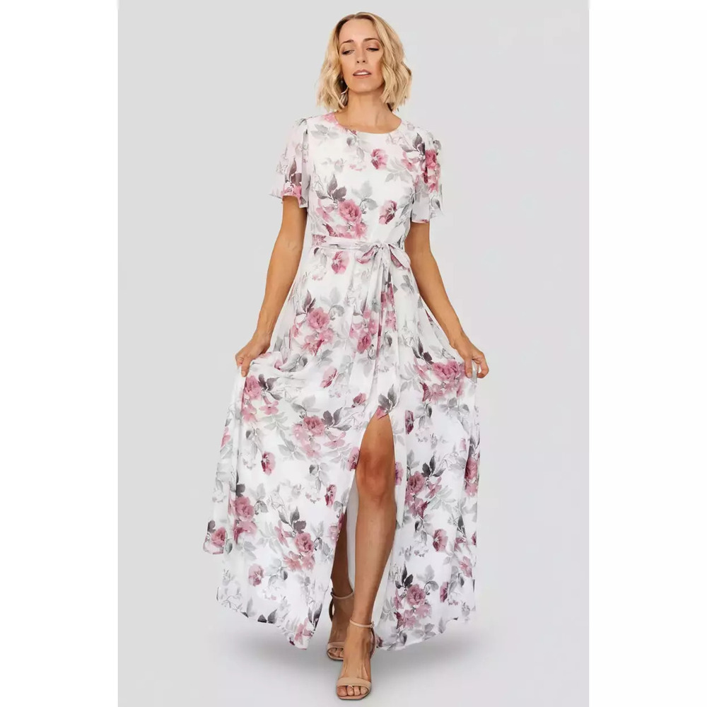 Baltic Born Naomi Short Sleeve Maxi Dress | Off White + Rose Floral Size MM